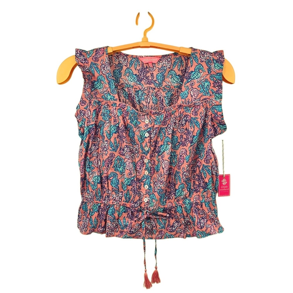 NWT Simply Southern Coral Seahorse Ruffle Blouse Top Boho Cotton Large